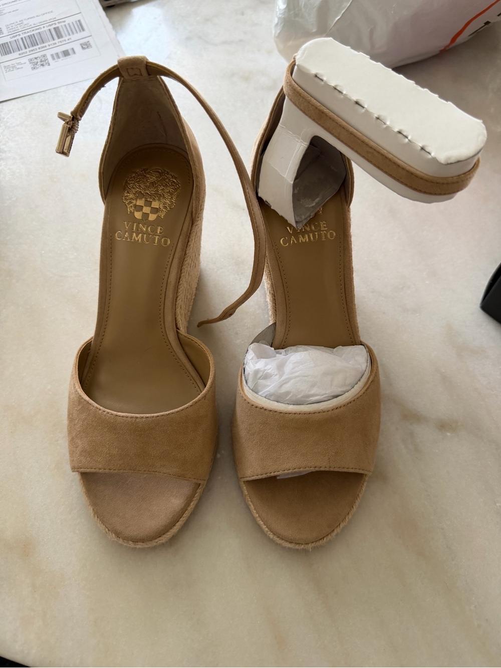 Vince Camuto Tan Suede Espadrille Wedge Sandals with Ankle Strap